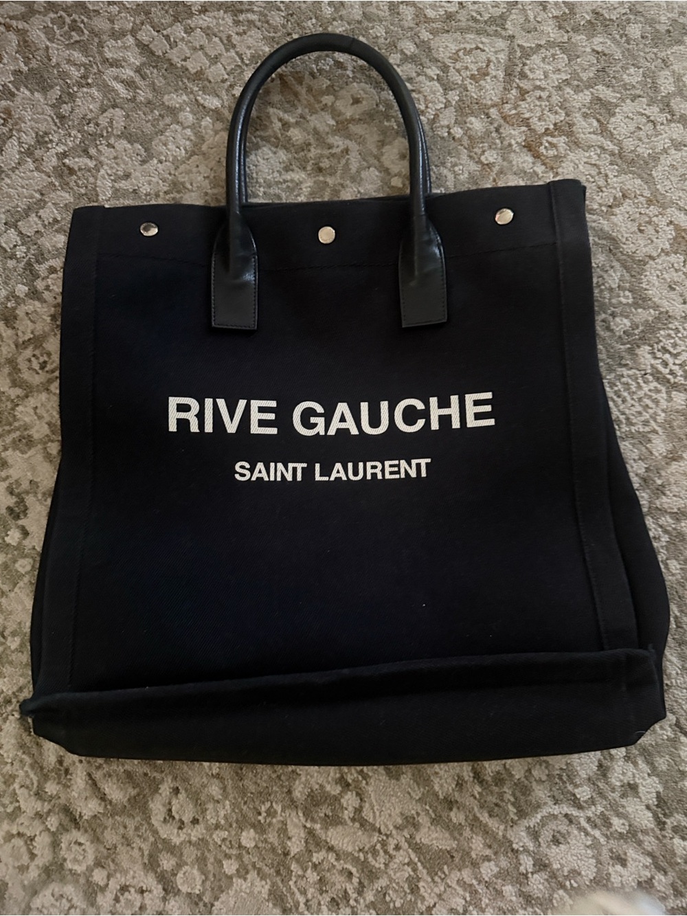 Saint Laurent Black Rive Gauche Canvas Tote with White Logo
